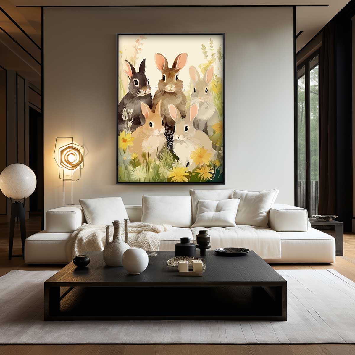 Konijnen in Bloemenveld – canvas wanddecoratie in portret formaat