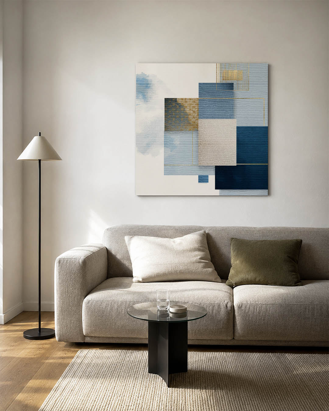 Geometrische compositie kunstwerk – vierkante wanddecoratie – dit werk toont een harmonie van rechthoeken en lijnen in blauw