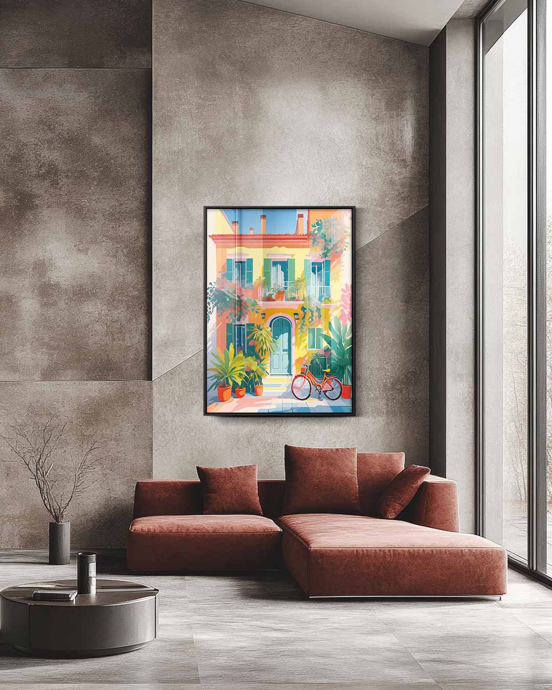 Zomerse gevel met fiets – staande wandkunst voor woonkamer of interieur