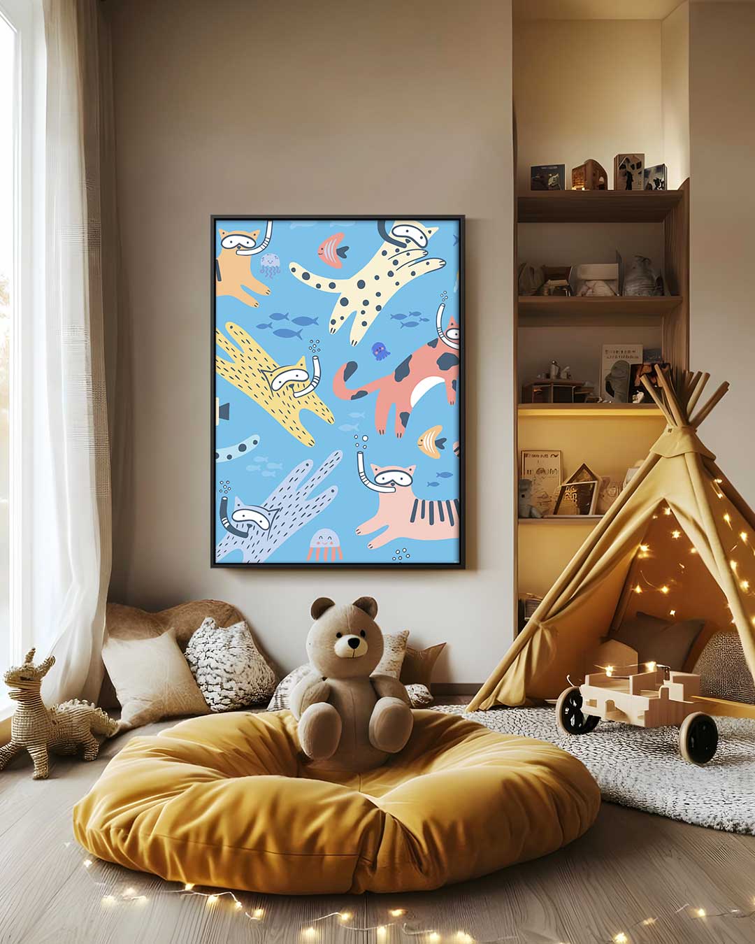Duikende Katten Avontuur – canvas wanddecoratie in portret formaat