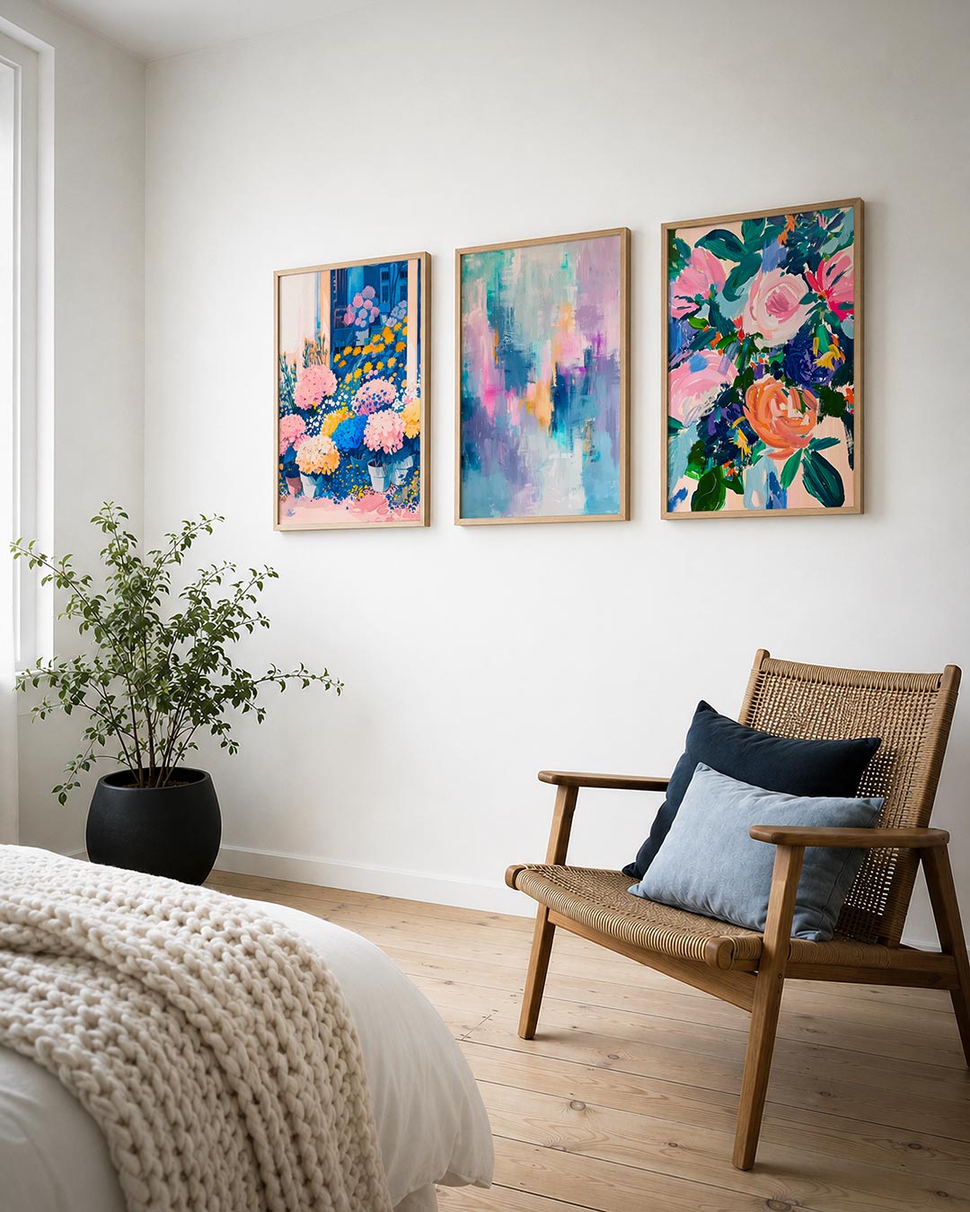 Bloemrijke kleurvlakken posterset – derde productweergave – deze kleurrijke compositie toont een weelderige tuin met