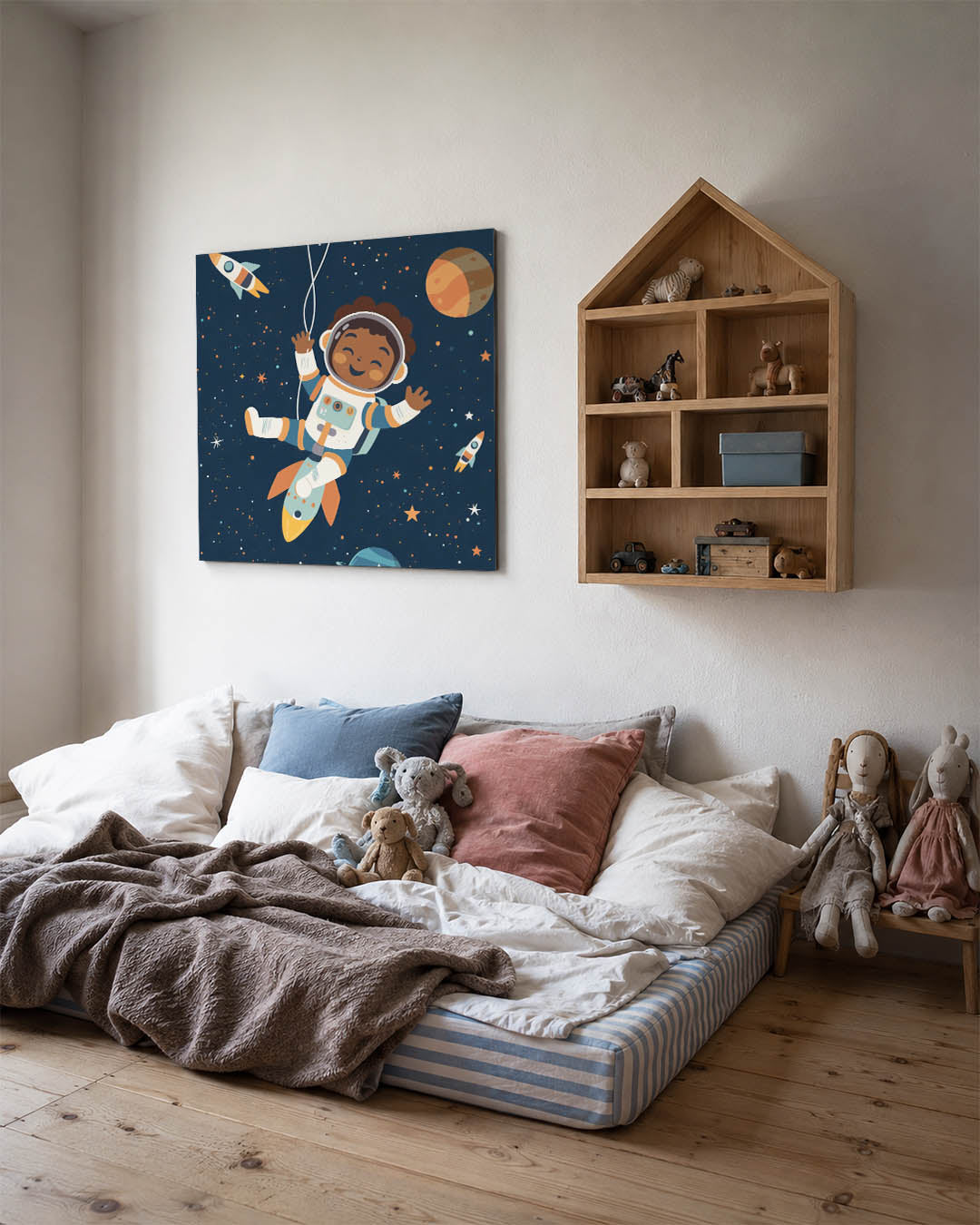 Vrolijke ruimte avontuur kunstwerk – derde productweergave – een speels werk met een lachende astronaut zwevend tussen