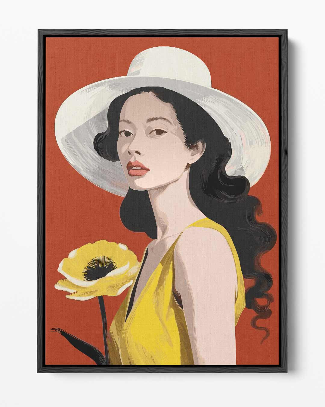 Vrouw en Bloem in Zomerhoed – portret kunstwerk als wanddecoratie