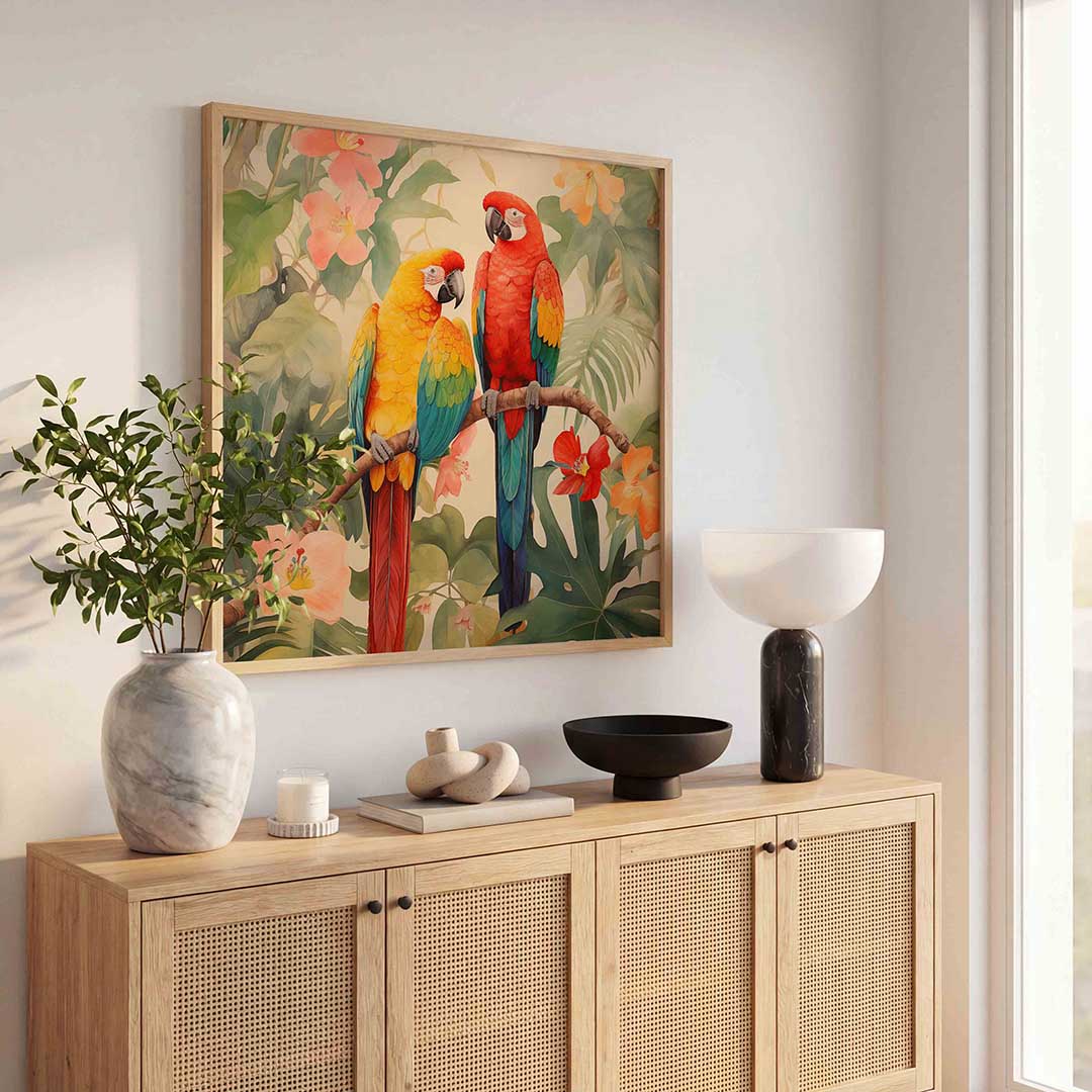 Papegaaien en bloemen – tropische poster in vierkant formaat