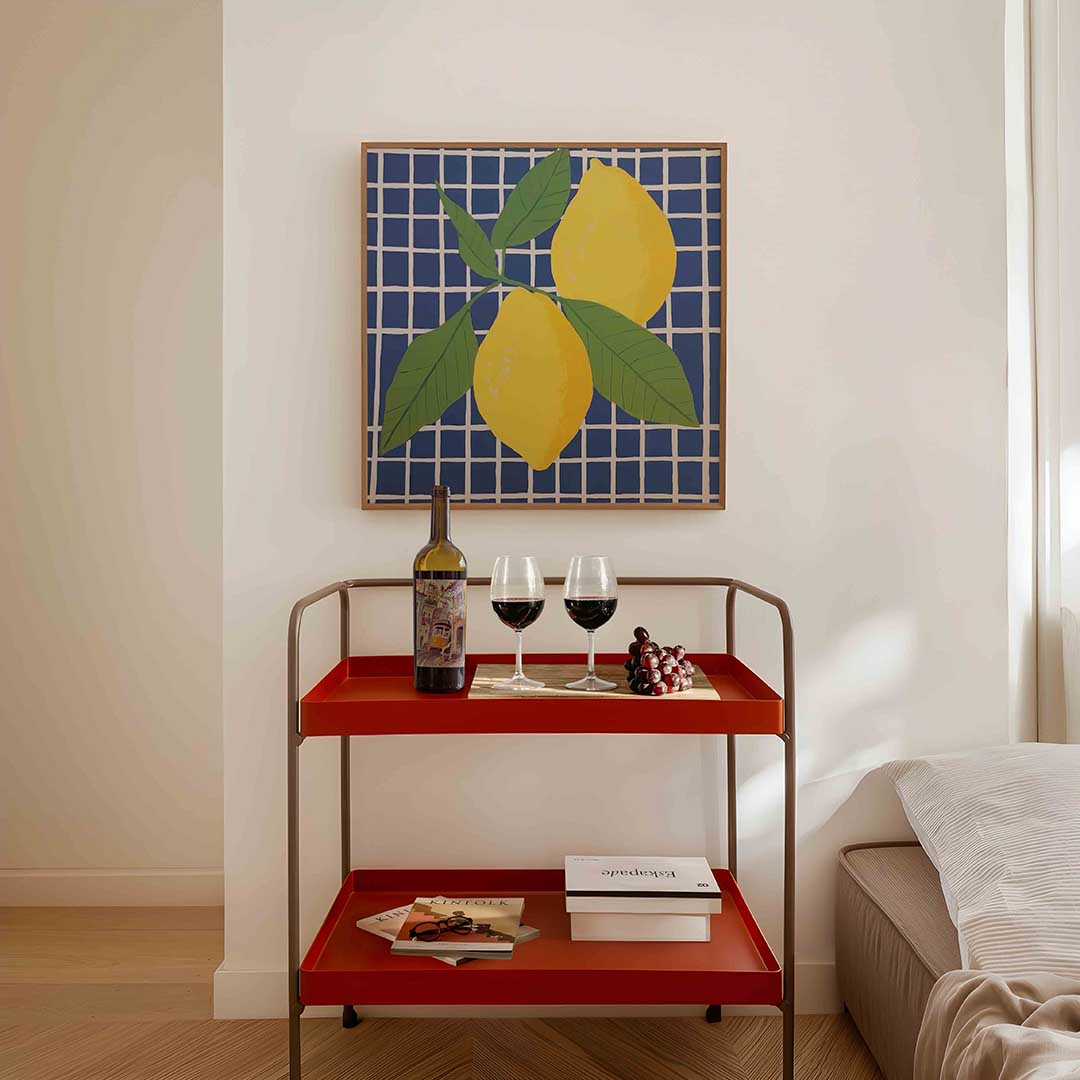 Citroenen op blauw – vierkante keuken wanddecoratie van WallArtistic