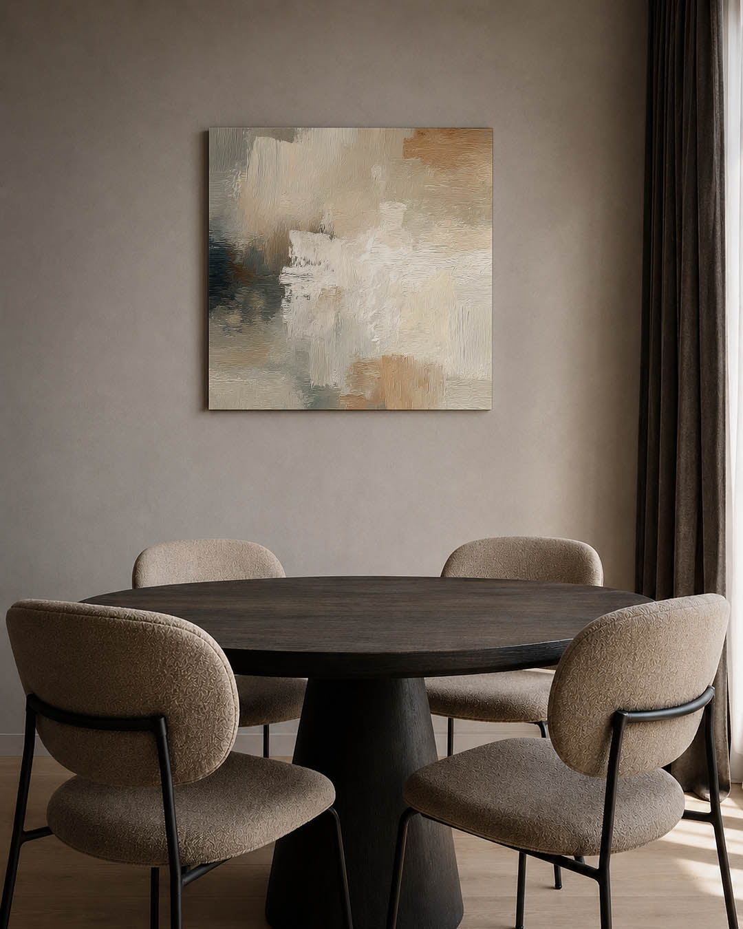Zachte kleuren compositie kunstwerk – tweede productweergave – dit werk toont een mix van beige en grijs tinten, met subtiele