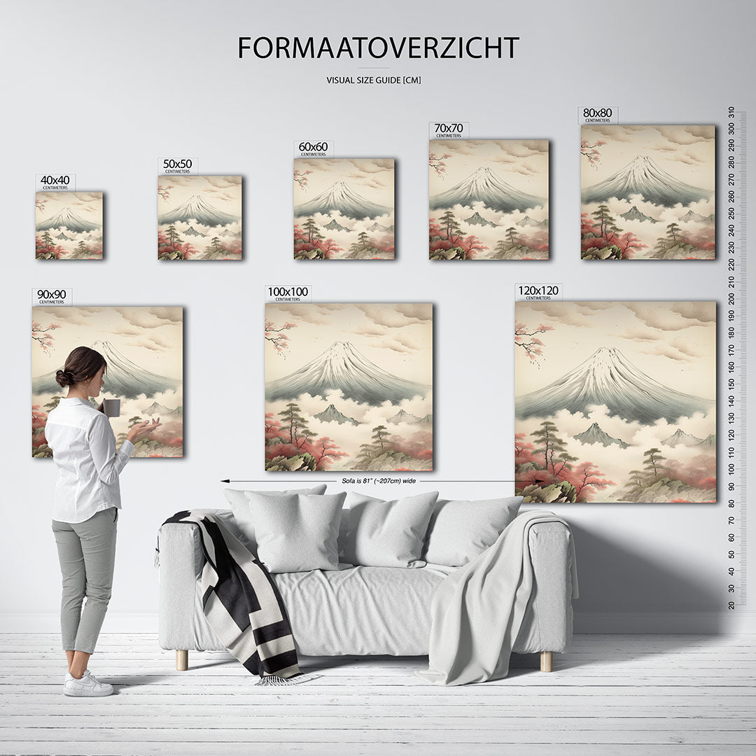 Serene berglandschap kunstwerk – sfeerbeeld – dit kunstwerk toont een majestueuze berg omgeven door wolken en bomen. De