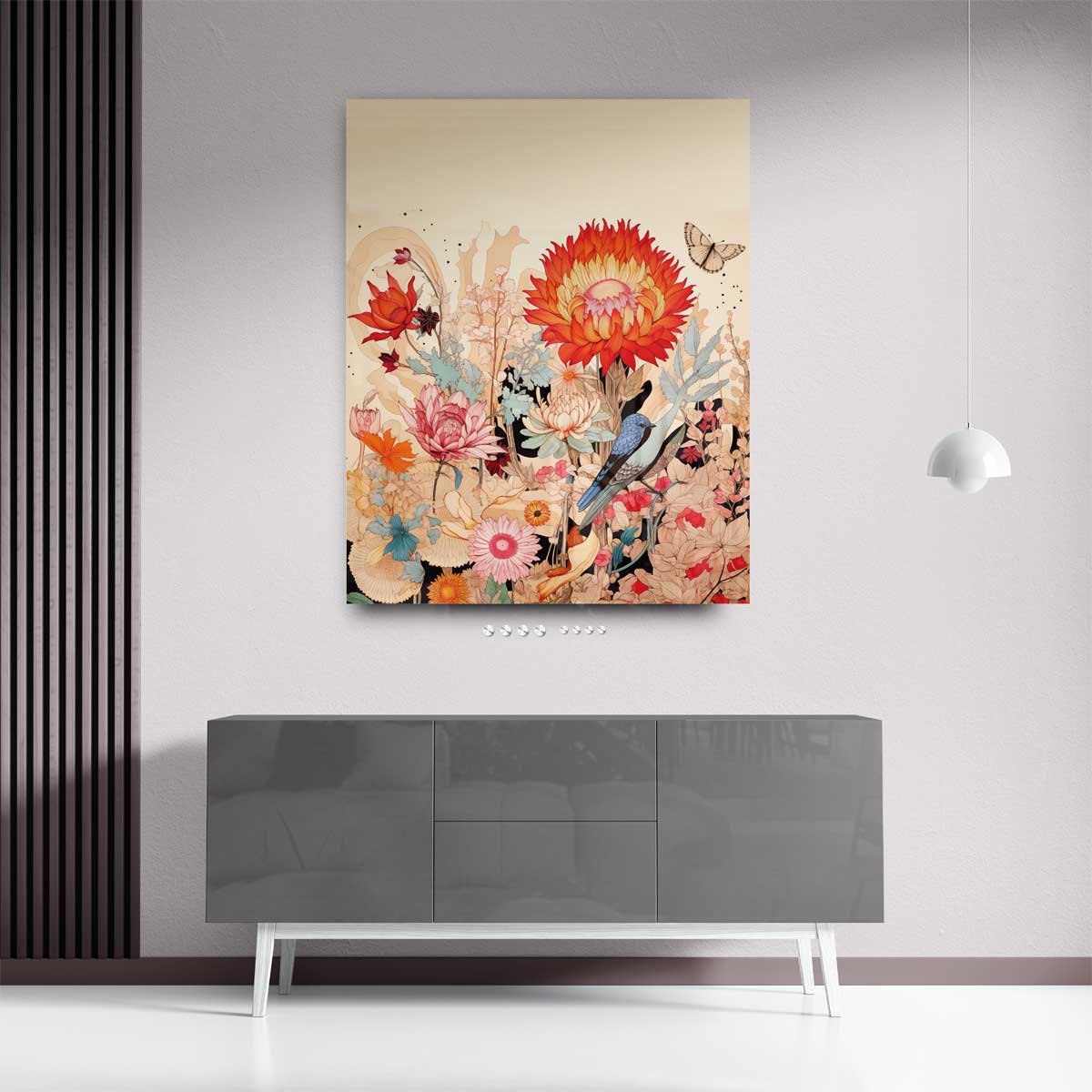 Vrolijke Bloemnatuur met Blauwe Vogel – plexiglas kunstwerk als wanddecoratie