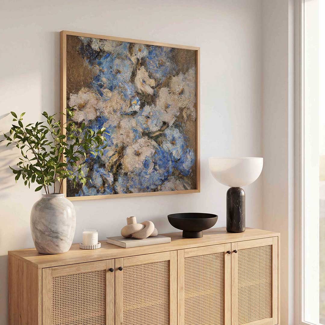 Blauwe bloemen – rustige abstracte wandkunst als vierkante poster