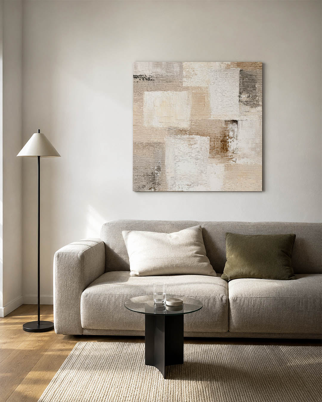 Geometrische texturen kunstwerk – vierkante wanddecoratie – dit werk toont een compositie van rechthoekige vormen in zachte