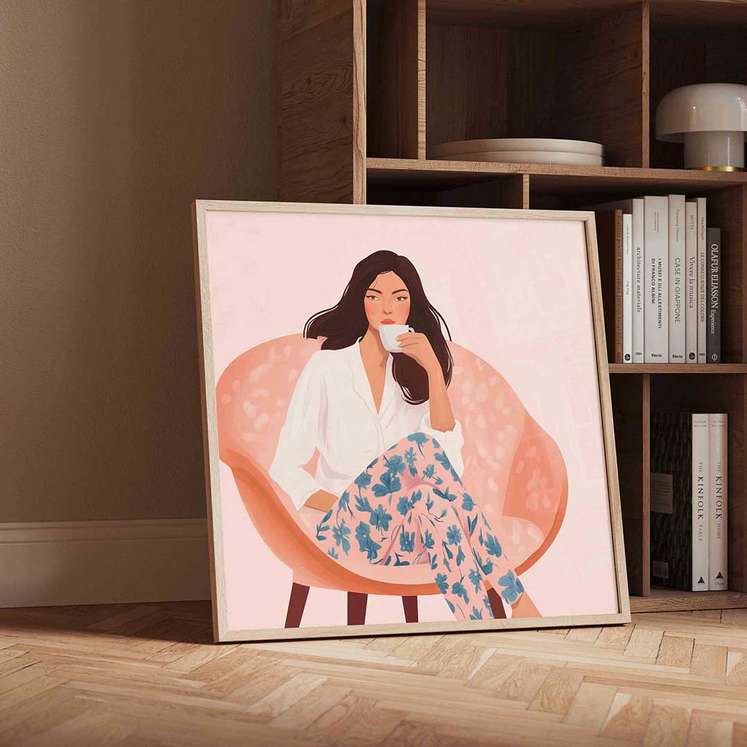 Vrouw met kopje – vierkante moderne wanddecoratie van WallArtistic