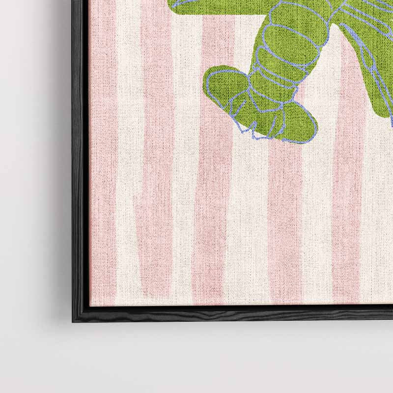Groene Kreeft op Strepen – kunstwerk met zwarte baklijst