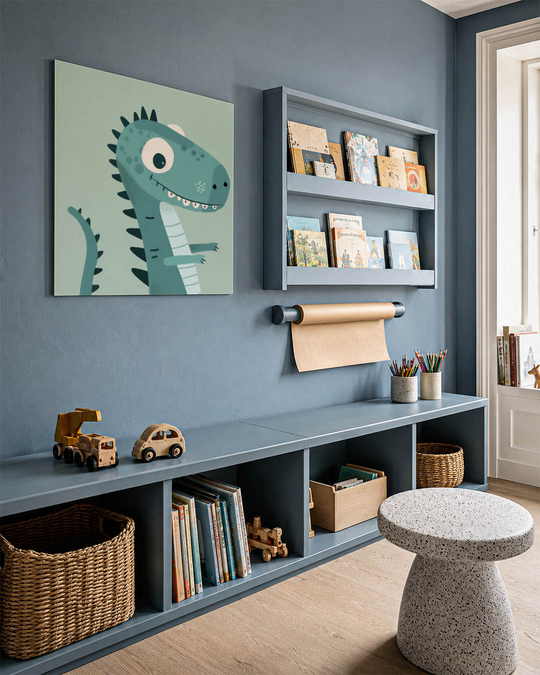 Speelse dinosaurus illustratie kunstwerk – detailweergave – dit kunstwerk toont een speelse dinosaurus met grote ogen en een