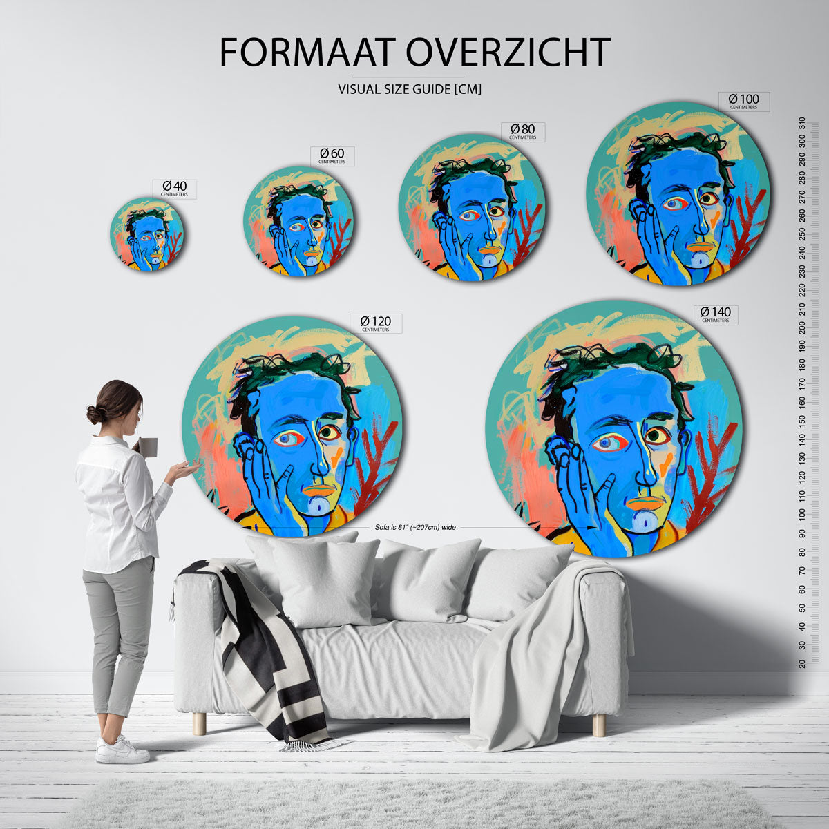 Blauw gezicht – abstracte wandkunst met textuur als muurcirkel