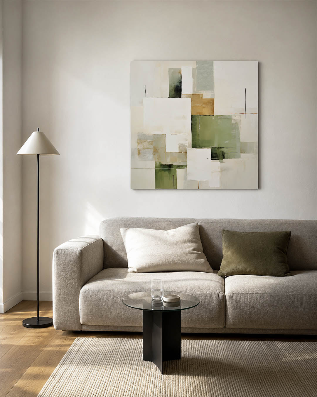 Geometrische vlakken kunstwerk – vierkante wanddecoratie – dit werk toont een compositie van rechthoekige vormen in zachte