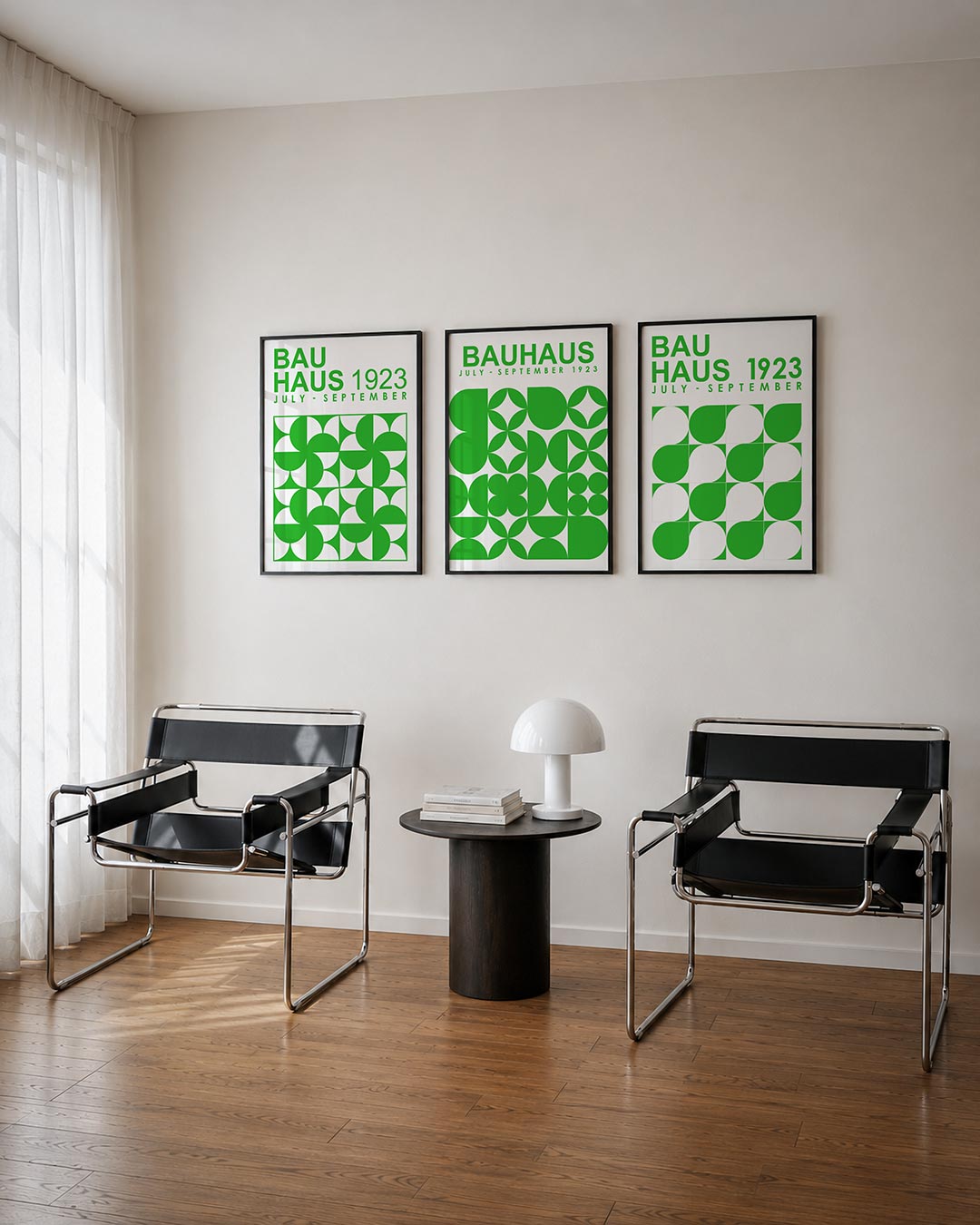 Groene vormenritme posterset – tweede productweergave – deze posterset in drie delen toont een levendig spel van groene en