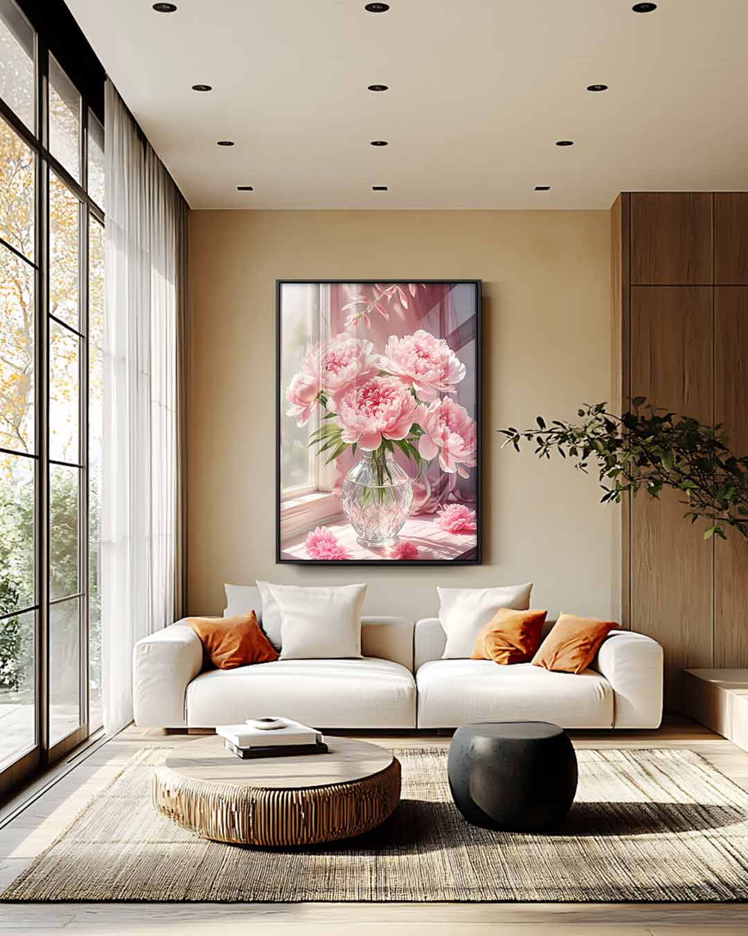 Bloemenpracht in het Raamlicht – kunstwerk met zwarte baklijst