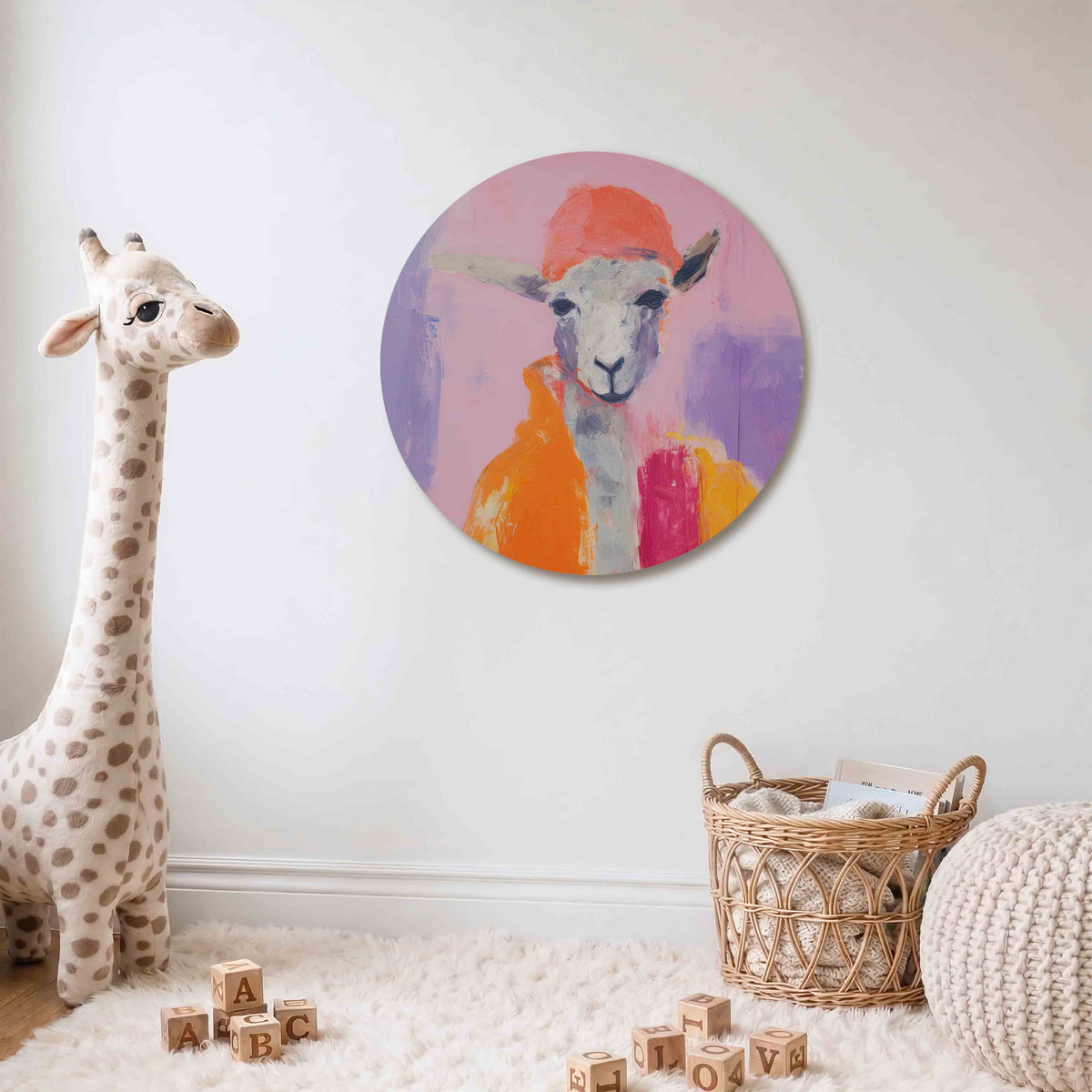 Schaap met oranje hoed Muurcirkel – Een schaap draagt een oranje hoed en een kleurrijke mantel tegen een roze en paarse