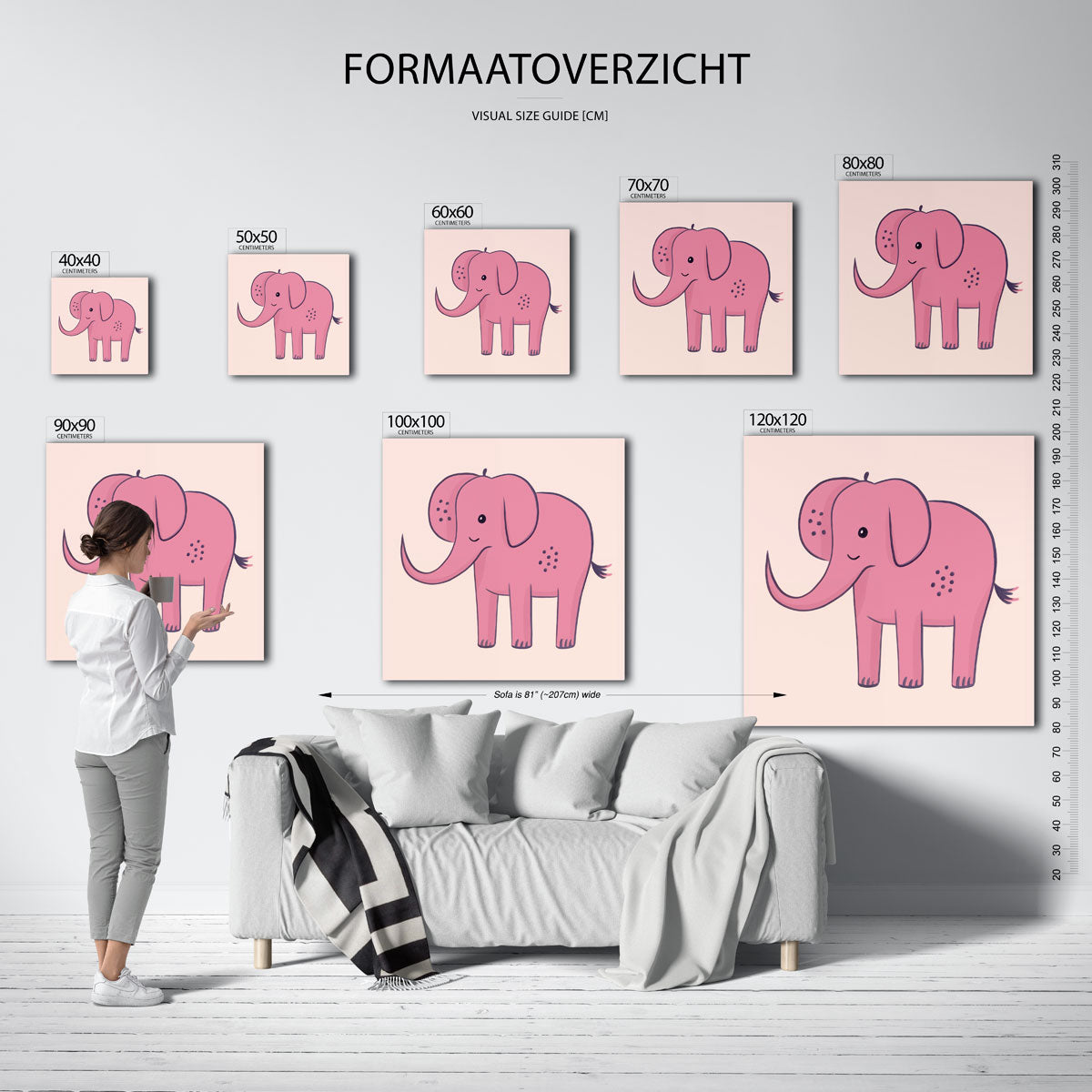 Roze olifant – vierkante muurposter voor de kinderkamer