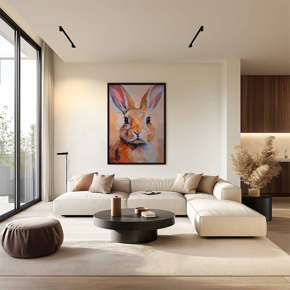 Schilderij van een nieuwsgierige haas – staand kunstwerk voor modern interieur