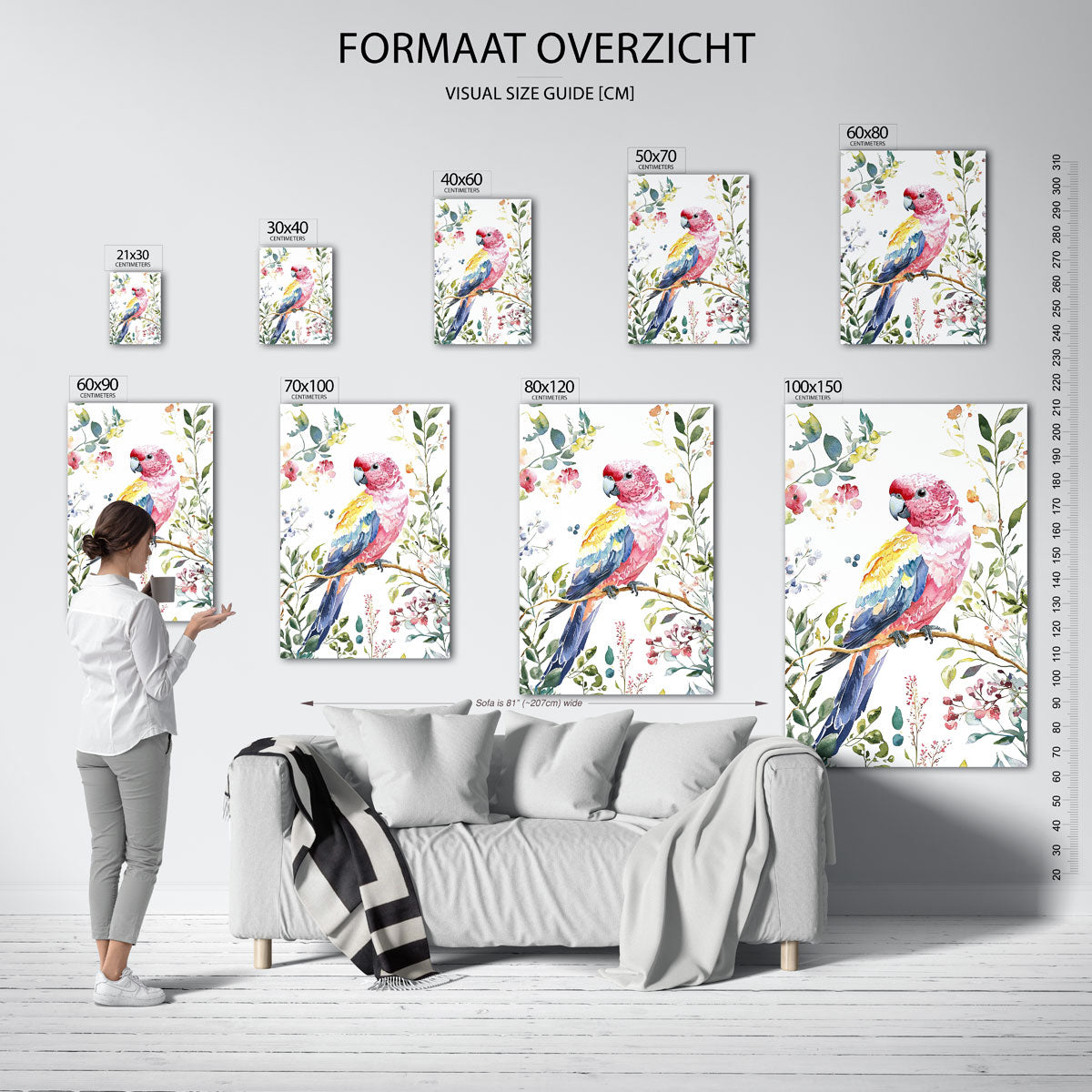 Papegaai en bloemen – staande muurposter met jungle thema