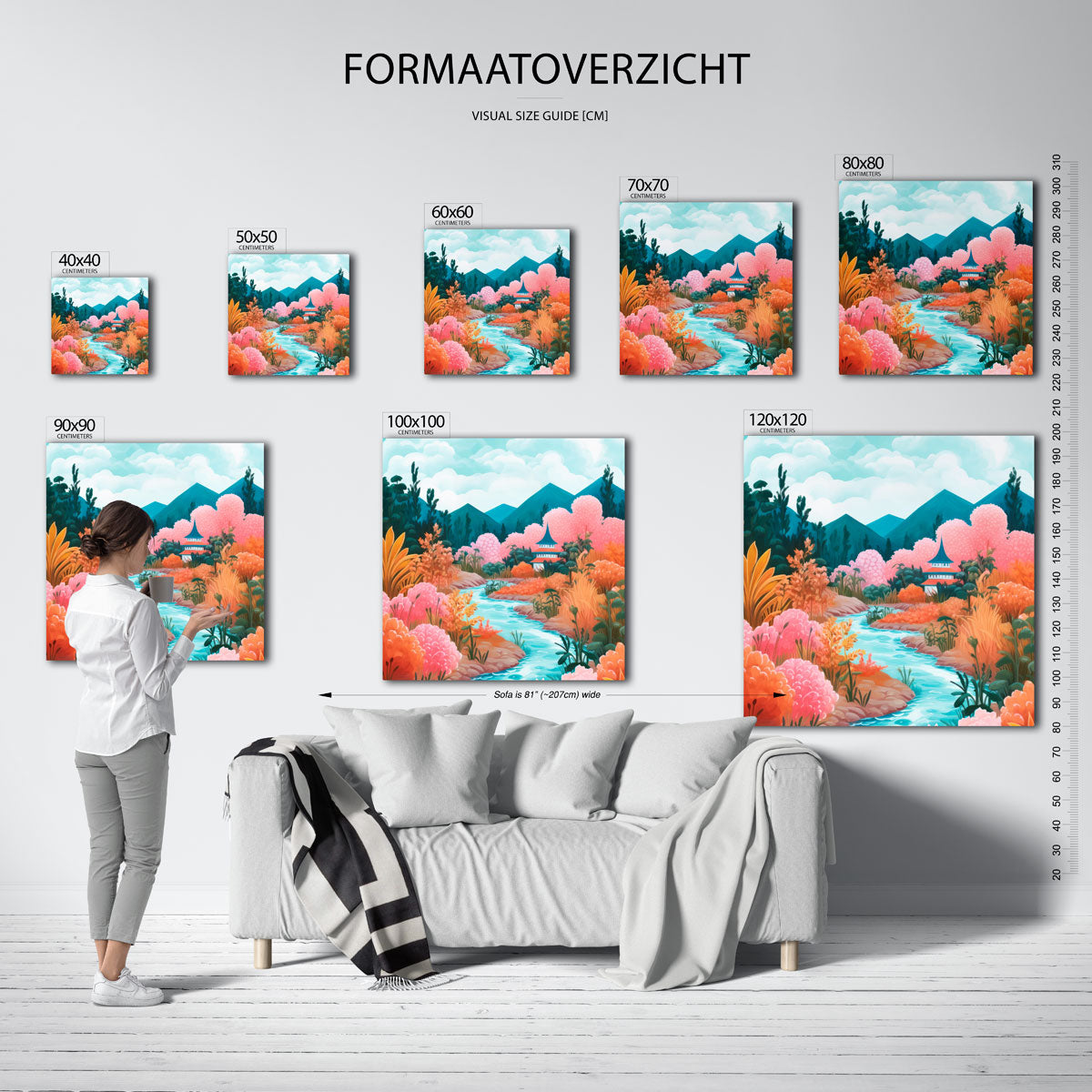 Landschap met bergen en rivier – vierkante muurposter met kleurrijke illustratie
