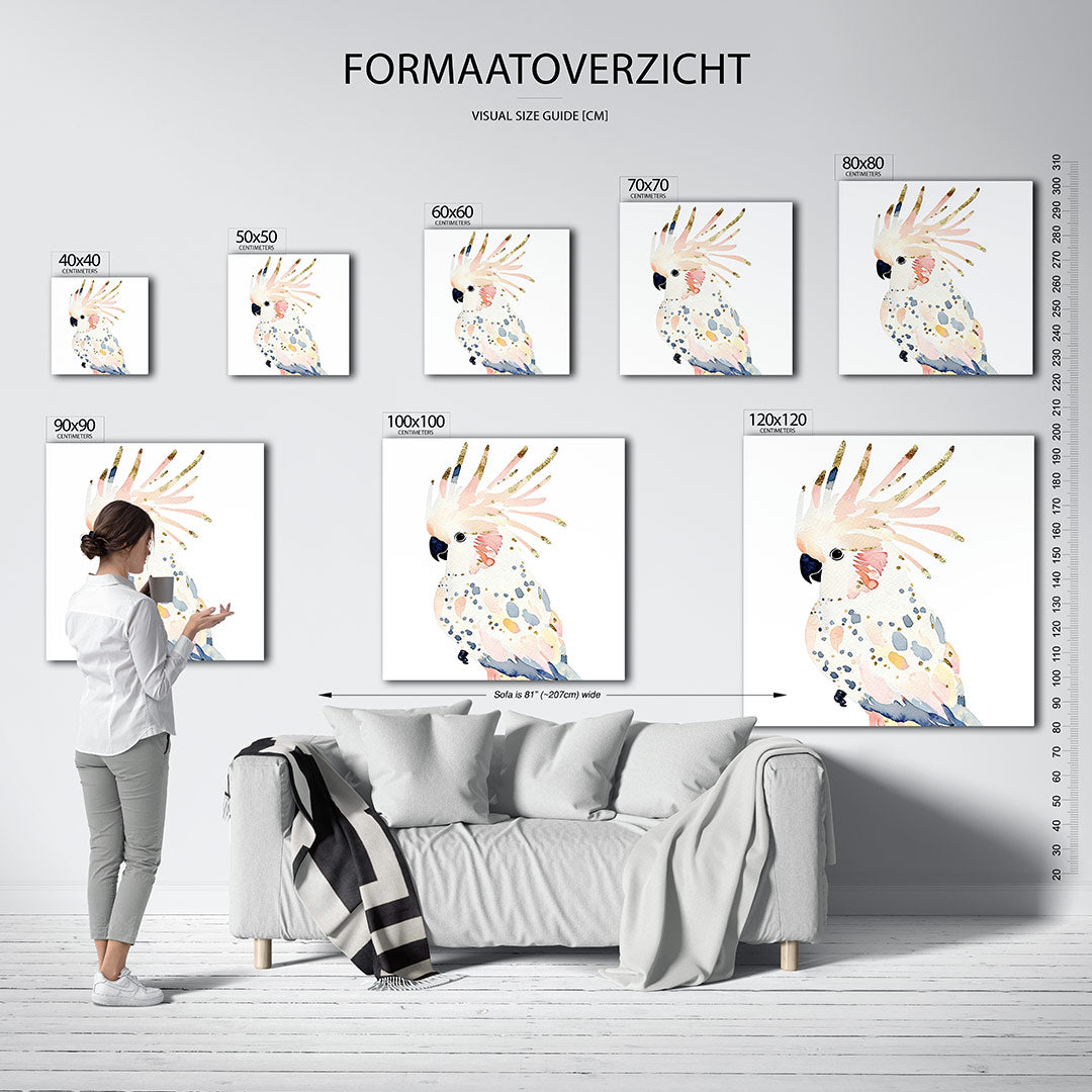 Vrolijke kaketoe kunstwerk – dit kunstwerk toont een kaketoe met sierlijke veren in zachte tinten. De speelse kleuren en