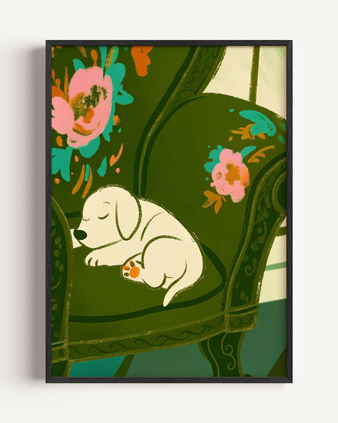 Slapende Puppy op Bloemenstoel – dieren portret poster als wanddecoratie
