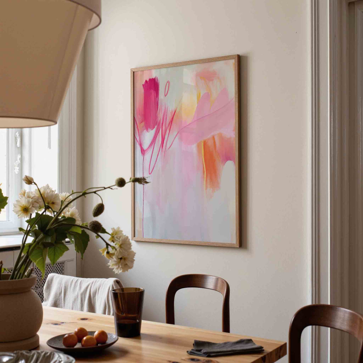 Abstracte roze en oranje vormen – kunst en design poster in portret formaat
