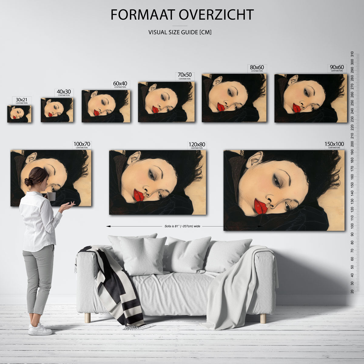 Portret met rode lippen – landscape muurposter met eigentijdse illustratie