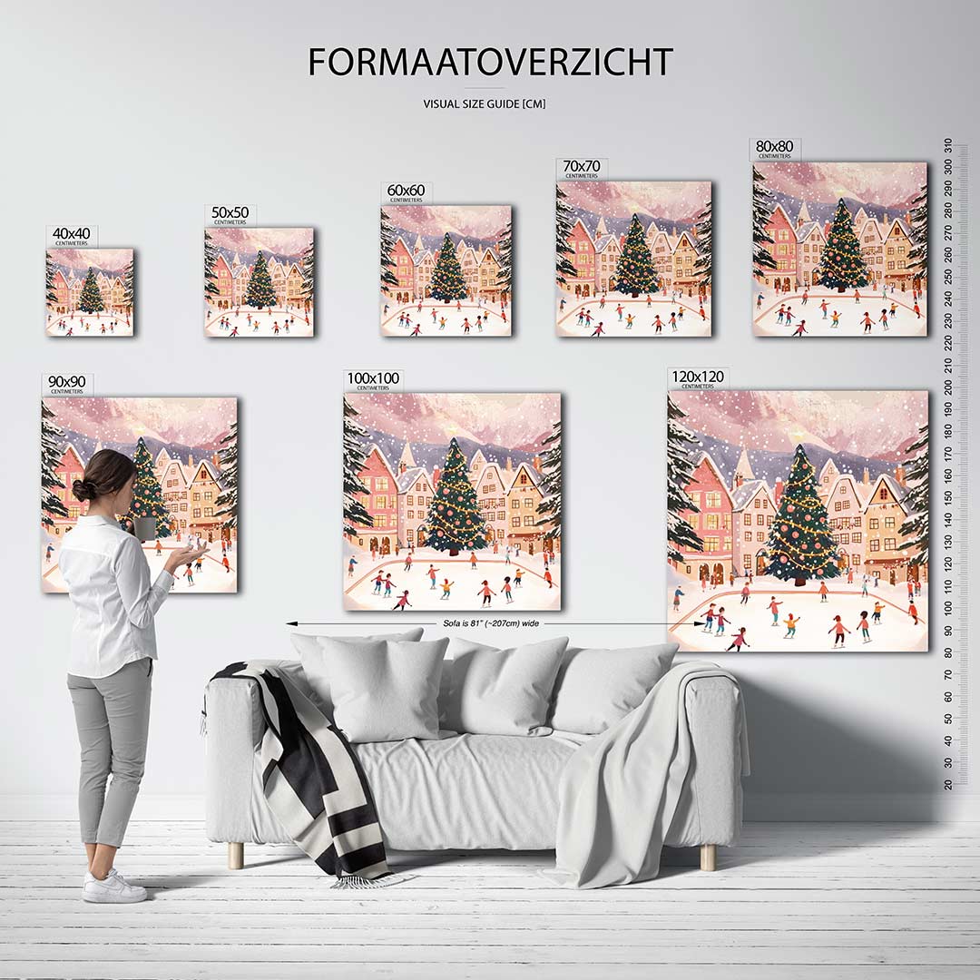 Winterse ijsbaanscène kunstwerk – sfeerbeeld – een sfeervol plein met een grote kerstboom en schaatsende mensen. Omringd door