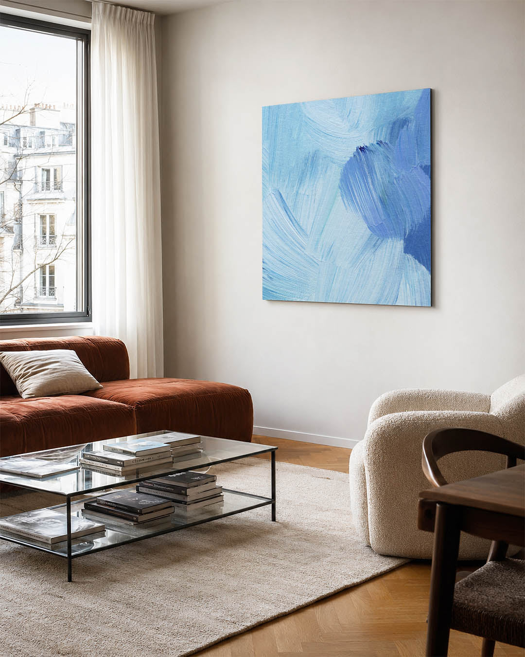 Golvende blauwe streken kunstwerk – vierkante wanddecoratie – dit werk toont vloeiende penseelstreken in verschillende tinten