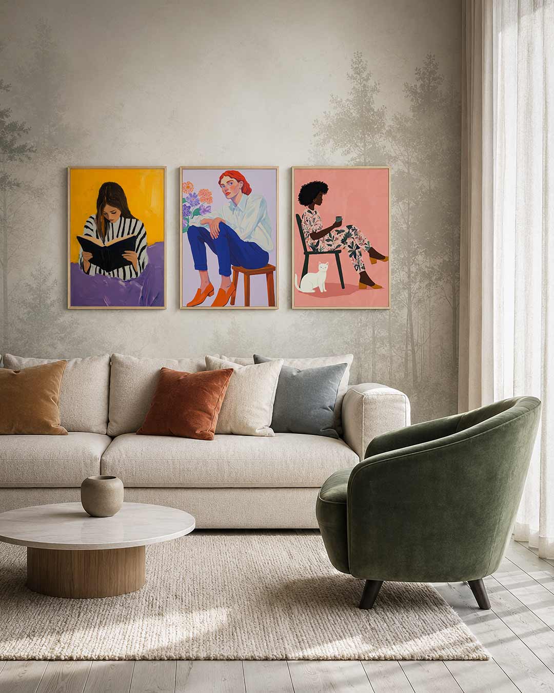 Kleur en lijnen driedelige posterset – een vrouw leest een boek tegen een levendige gele
