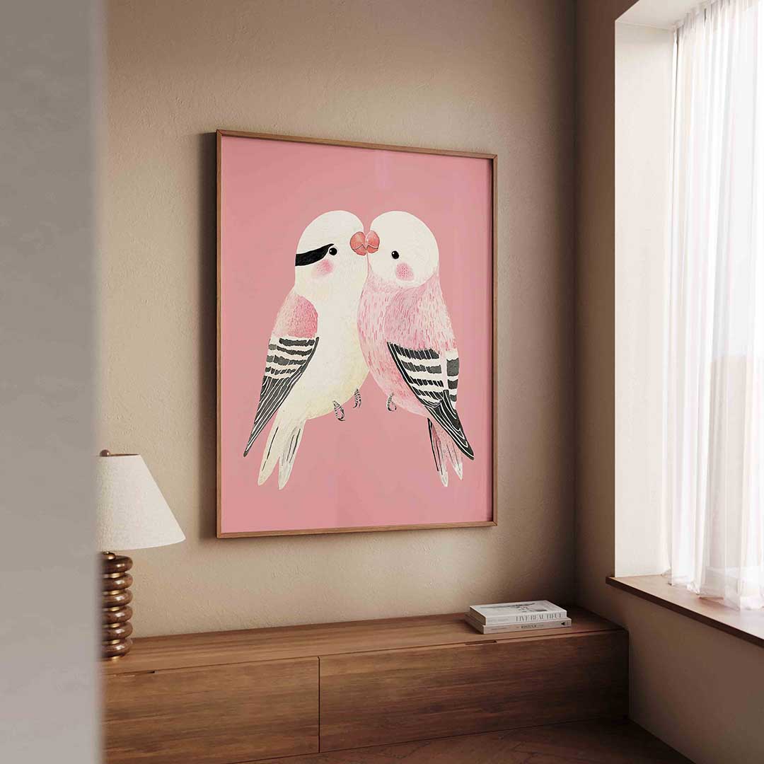 Vogels op roze – dierenillustratie als portret poster