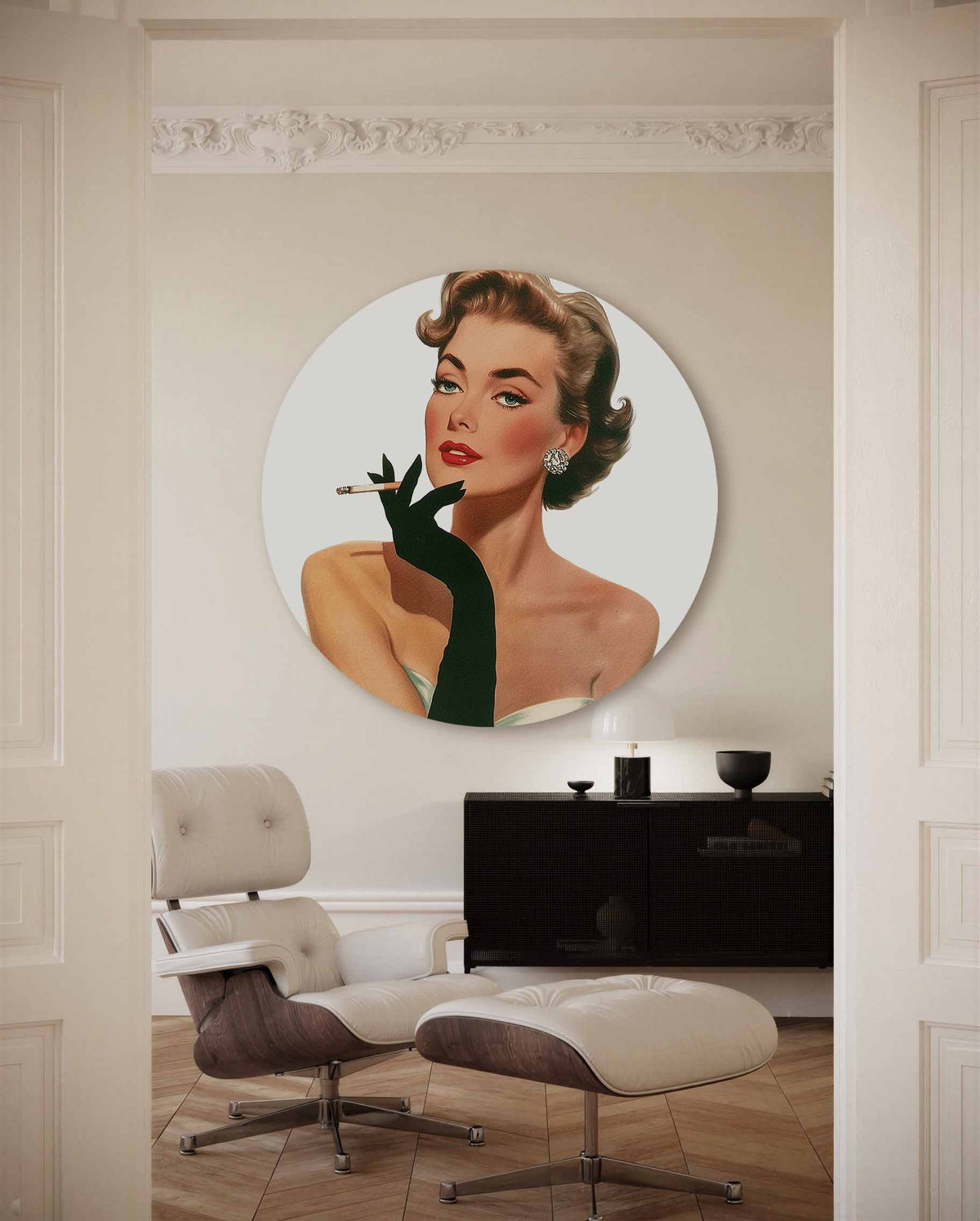 Vrouw met sigaret – kleurrijke Pop Art muurcirkel voor aan de muur