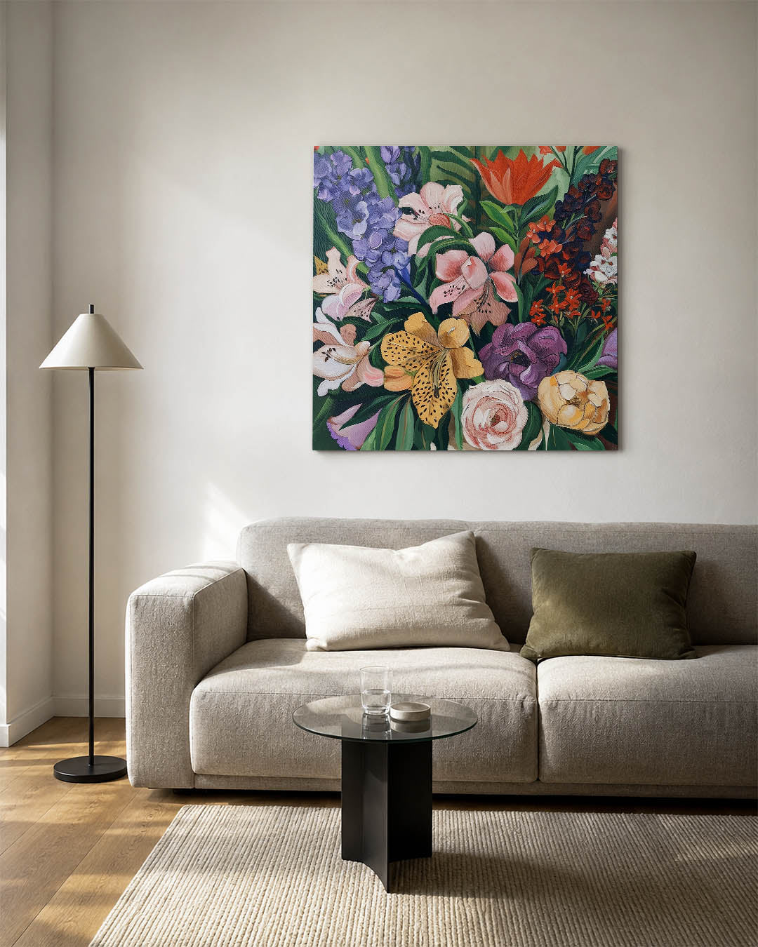 Bloemrijke compositie kunstwerk – detailweergave – dit kunstwerk toont een levendige verzameling bloemen in diverse kleuren