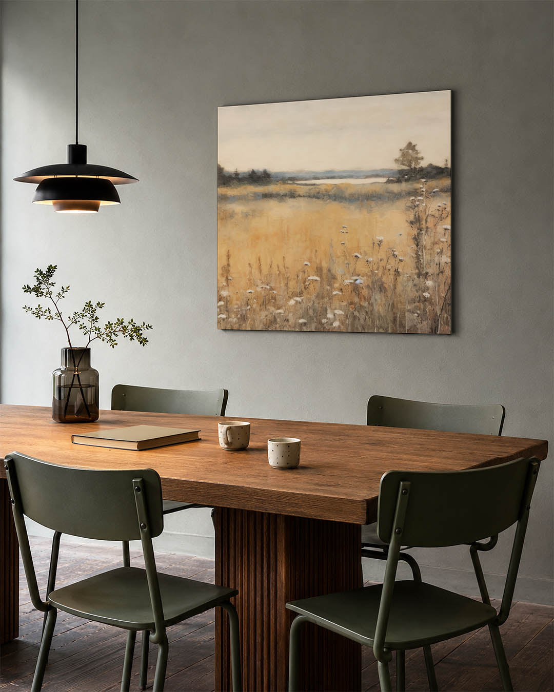 Rustige landschap weergave kunstwerk – tweede productweergave – dit werk toont een uitgestrekt veld met wilde bloemen en een