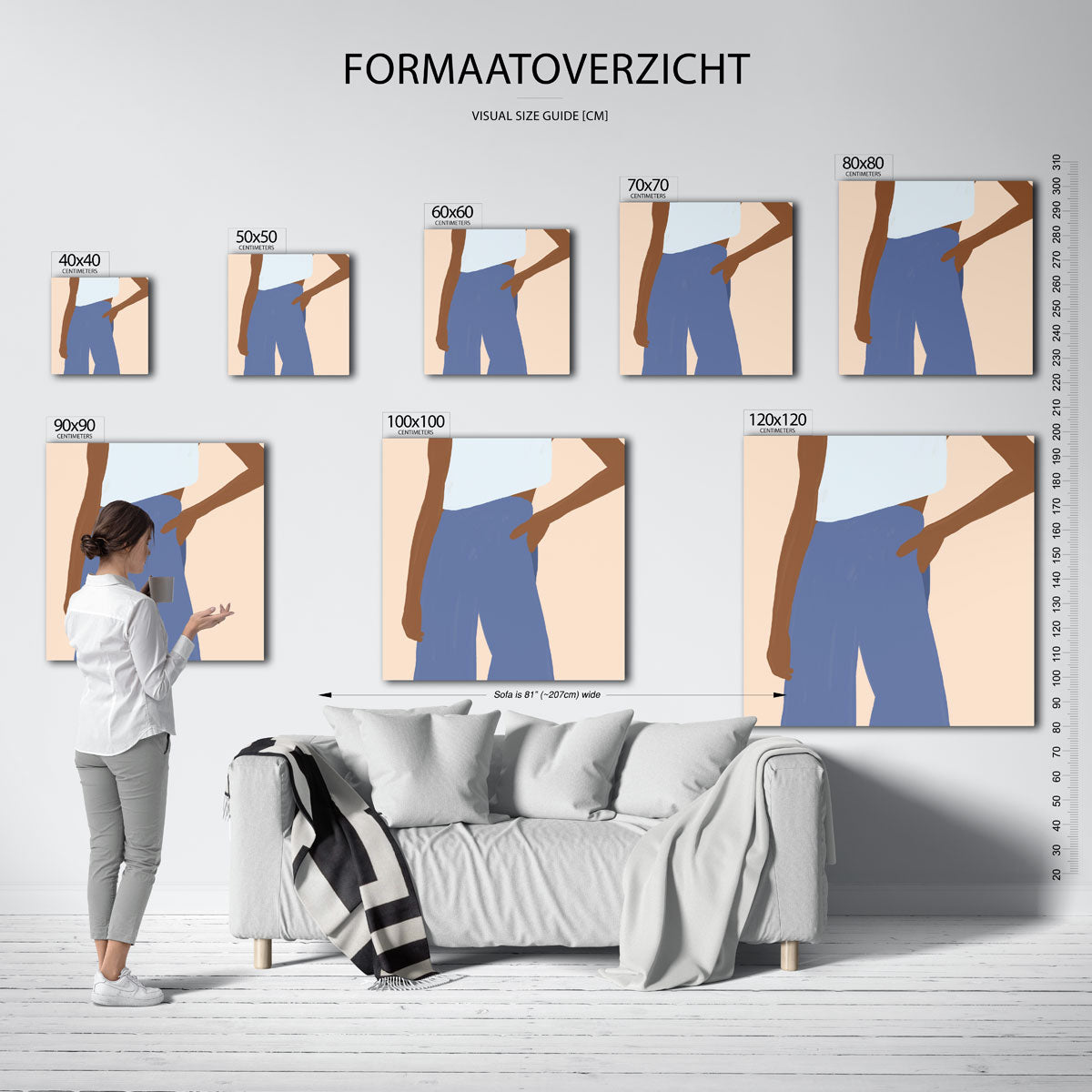 Figuur met blauwe broek – vierkante muurposter met kleurrijke illustratie