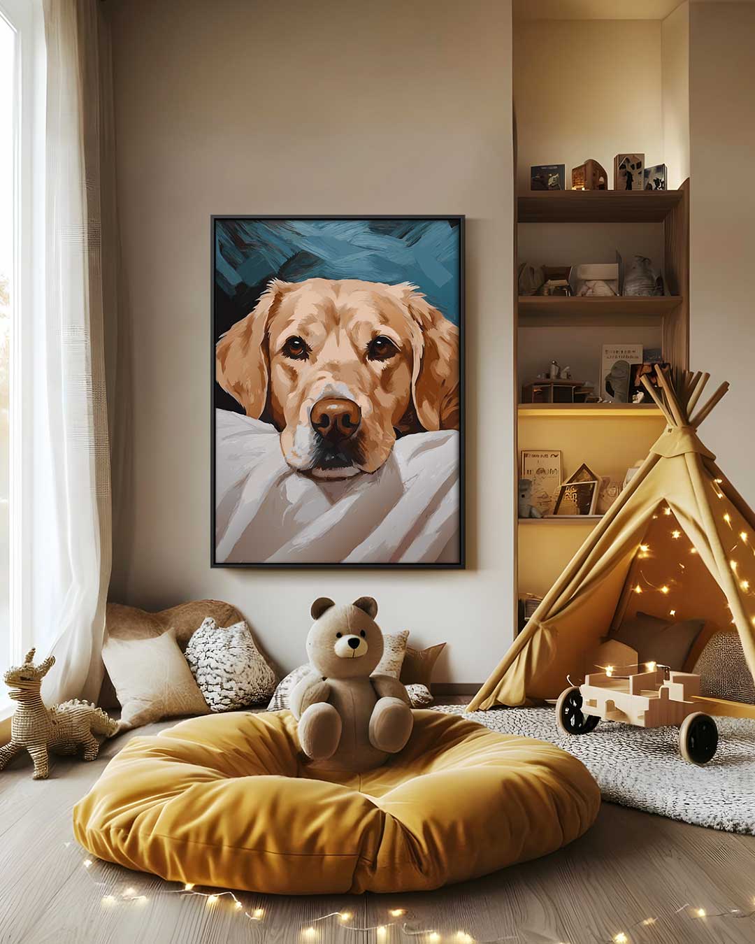 Dromerige Labradoodle – canvas wanddecoratie in portret formaat