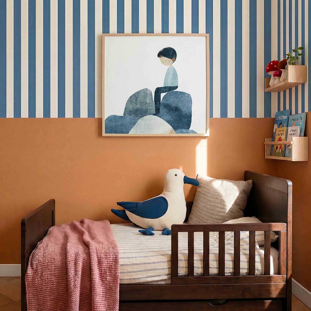 Zittende figuur op stenen – kids poster in vierkant formaat