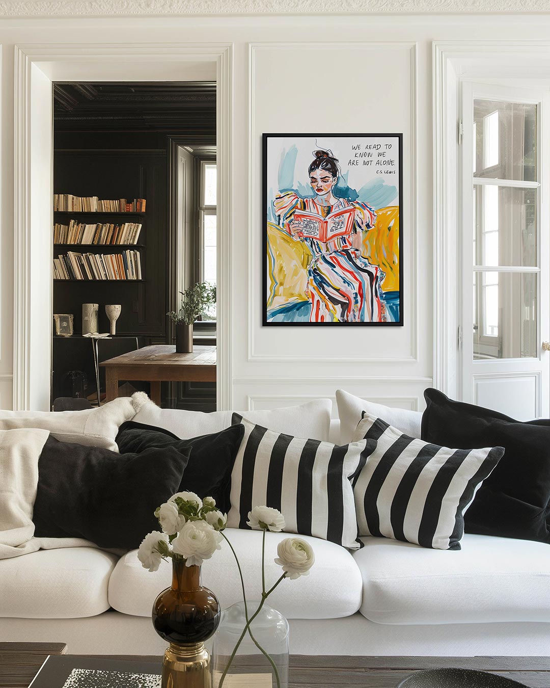 Lezende vrouw illustratie – decoratief kunstwerk voor aan de muur