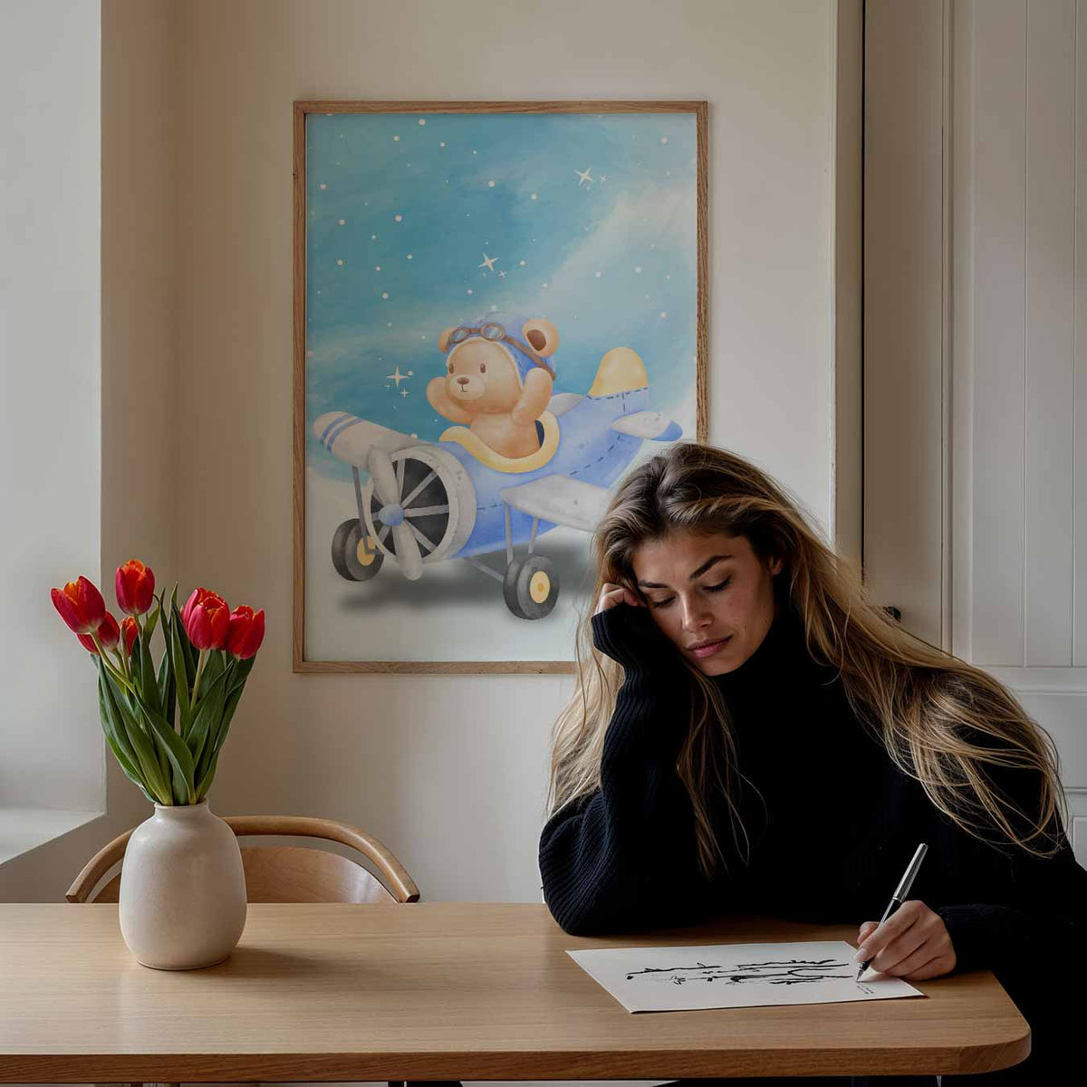 Beer in Vliegtuig – staande muurposter voor de kinderkamer