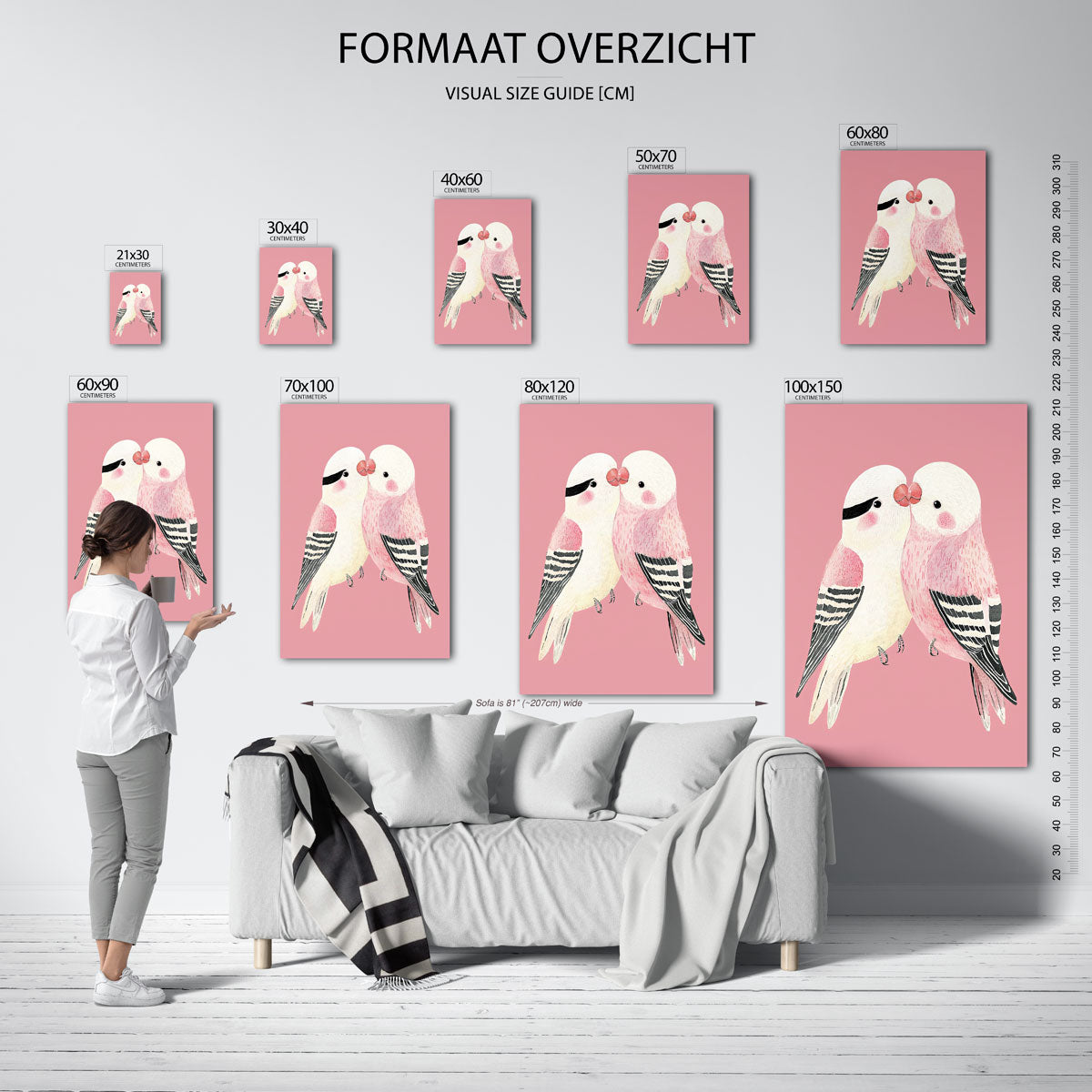 Vogels op roze – staande muurposter met dierenthema