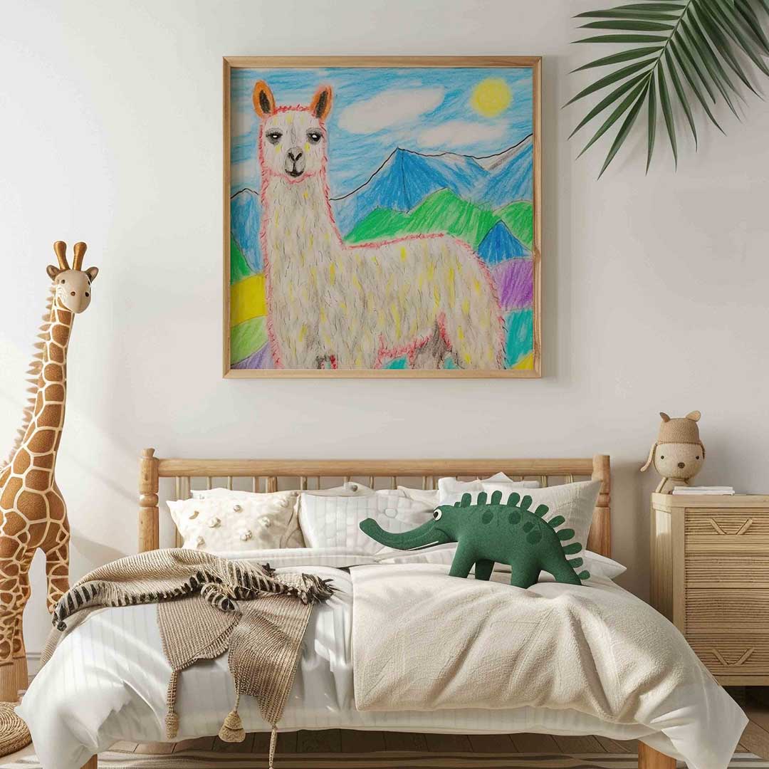 Lama in berglandschap – vierkante kinderkamer wanddecoratie van WallArtistic