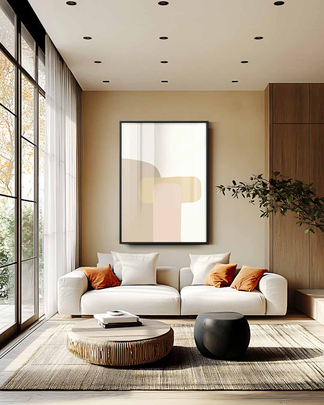 Abstracte Vormen in Beige – staande wandkunst voor woonkamer of interieur