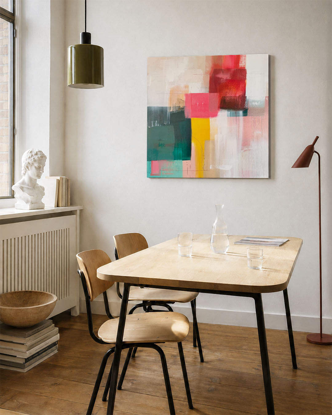 Kleurrijke geometrie kunstwerk – vierkante wanddecoratie – dit werk toont een dynamische compositie van rechthoeken en