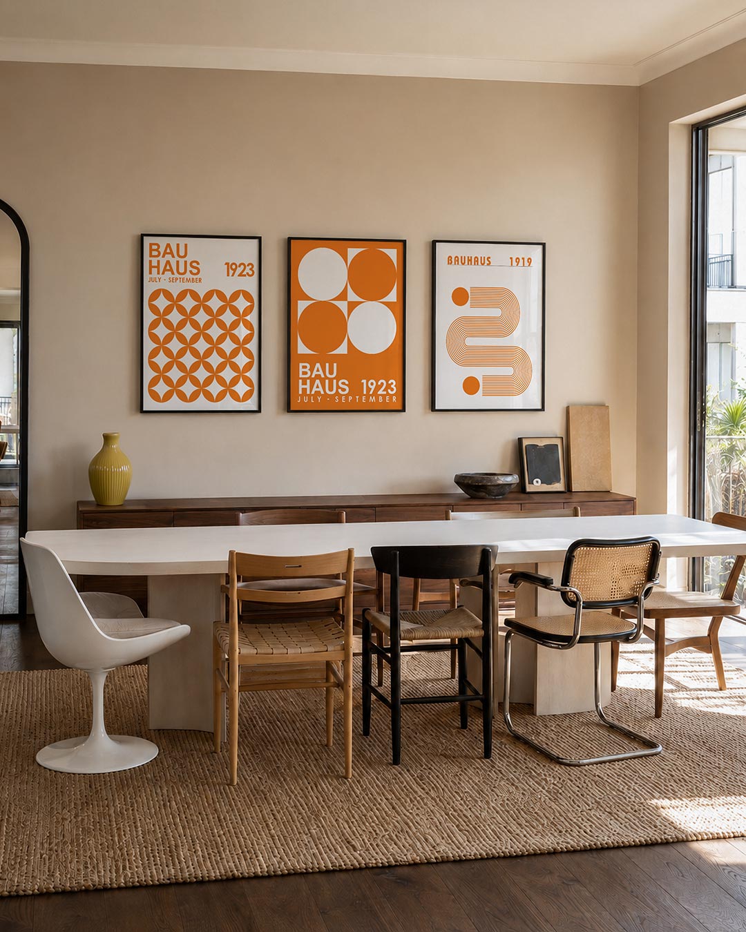 Oranje cirkelpatroon posterset – tweede productweergave – deze posterset in drie delen toont een levendig oranje patroon van