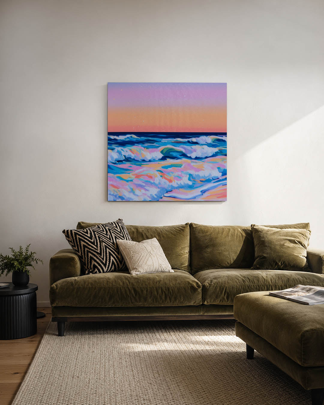 Kleurrijke zee golven kunstwerk – derde productweergave – dit werk toont een levendige zee met golven in diverse kleuren. De