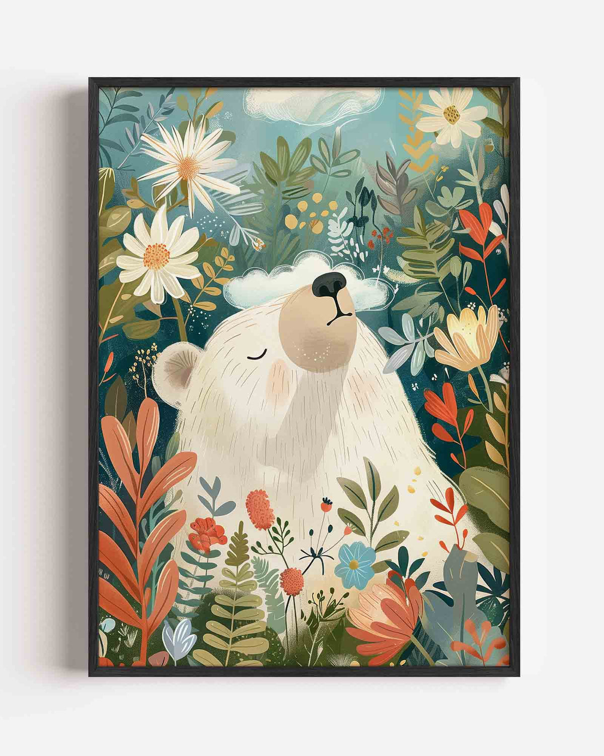 Beer tussen bloemen – kids portret poster als wanddecoratie