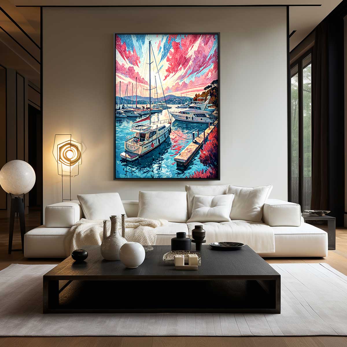 Magische Havenscène bij Zonsondergang – kunstwerk met zwarte baklijst